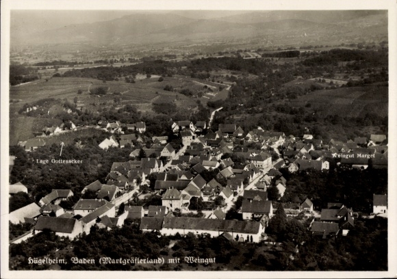 Postcard Vogtsburg im Kaiserstuhl Baden, aerial view of Hügelheim, Marget winery, Gottesacker location