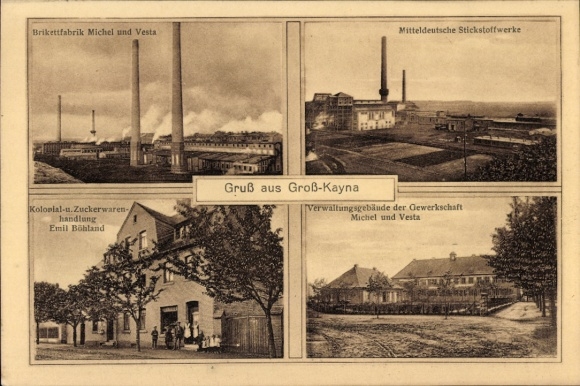 Postcard Großkayna Braunsbedra Saalekreis, briquette factory, nitrogen works, grocery store
