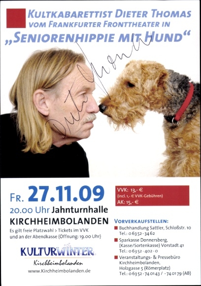 Postcard Cabaret artist Dieter Thomas, portrait with dog, autograph
