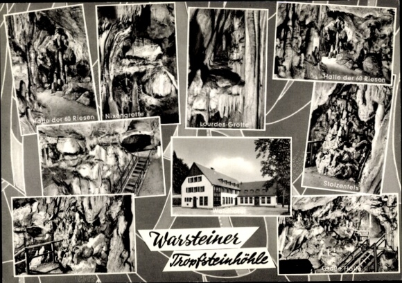 Postcard Warstein in Sauerland, stalactite cave, Hall of 60 Giants, Lourdes Grotto, Stolzenfels