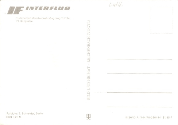 Postcard German passenger aircraft Tupolew TU-134, Interflug, turbine jet airliner