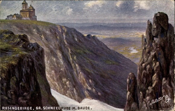 Artist Postcard Szklarska Poręba Schreiberhau Giant Mountains Silesia, Schneegrubenbaude, Schneegrub