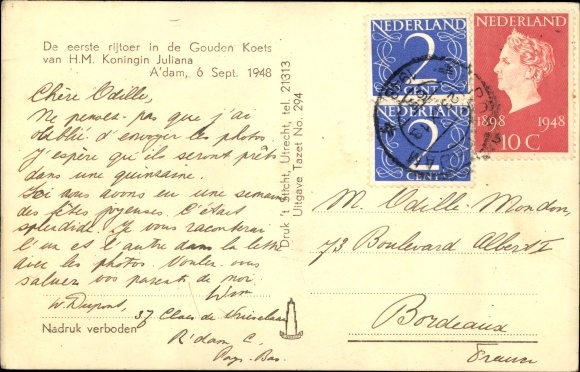 Postcard Queen Juliana of the Netherlands, Golden Coach, 6 September 1948