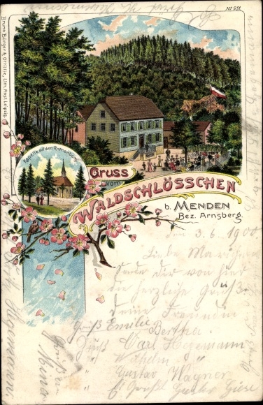 litho Menden in het Sauerland, boskasteel, kapel