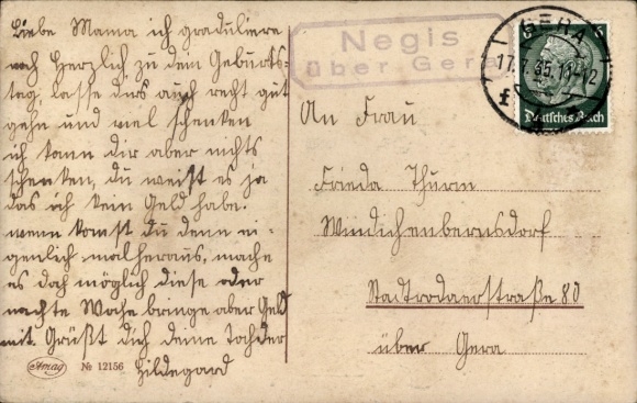 Sygnatura krajowa Negis via Gera, pocztówka urodzinowa, 17 lipca 1935 r