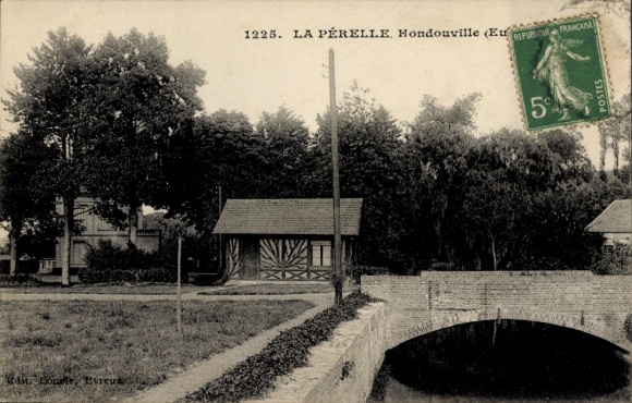 Ak Hondouville Eure, Landschaft, Fluss, Holzhaus, Bäume, Poststempel
