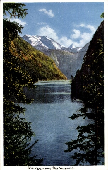 Postcard Königsee Königssee Upper Bavaria, mountain landscape, lake, trees, sky, snow