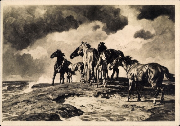 Artist PC Roloff, Alfred, beset by the water, horses, HDK 440