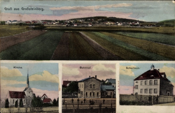 Ak Großsteinberg Parthenstein in Sachsen, Kirche, Bahnhof, Schulhaus, Panorama vom Ort
