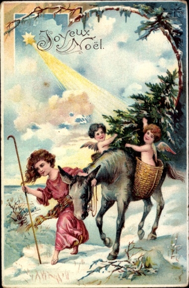 litho Vrolijk Kerstfeest, engel, paard, meisje