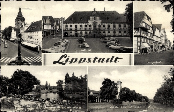 Postcard Lippstadt in Westphalia, Bernardbrunnen, Town Hall, Langstraße, Terrace in the Green Corner