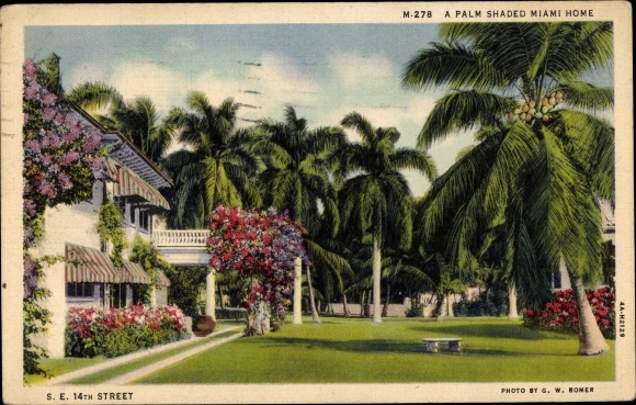 Ak Miami Florida USA, woningbouw, tuin, palmbomen