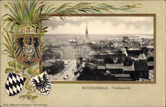 Embossed coat of arms passepartout Postcard Wittenberge on the Elbe Prignitz, total view