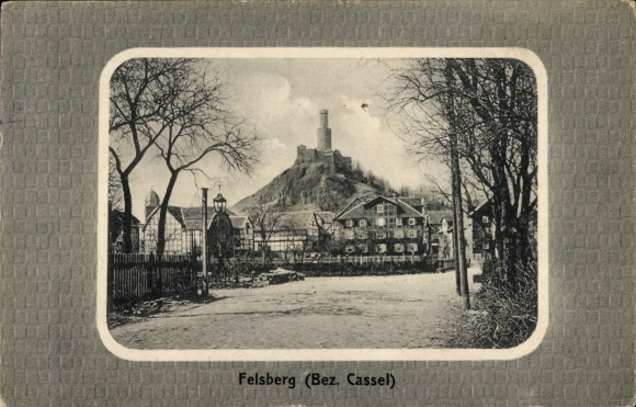 Postcard Felsberg in the Odenwald Hessen, castle hill with tower, houses, street, trees