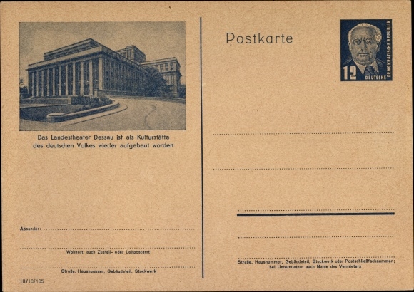 Briefpapier ansichtkaart Het Landestheater Dessau is herbouwd als een culturele plek voor het Duitse volk