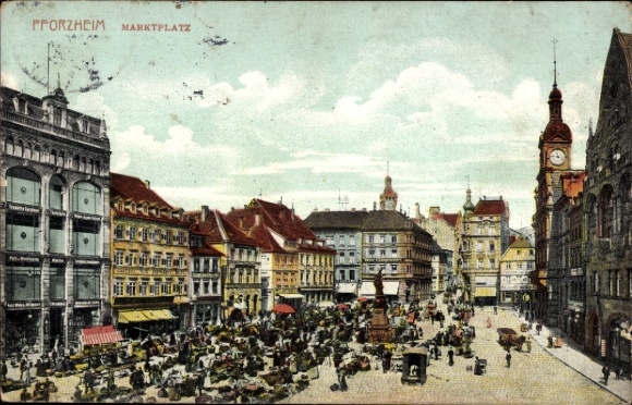 Postcard Pforzheim in the Black Forest, market square buildings, people, horse-drawn carriages