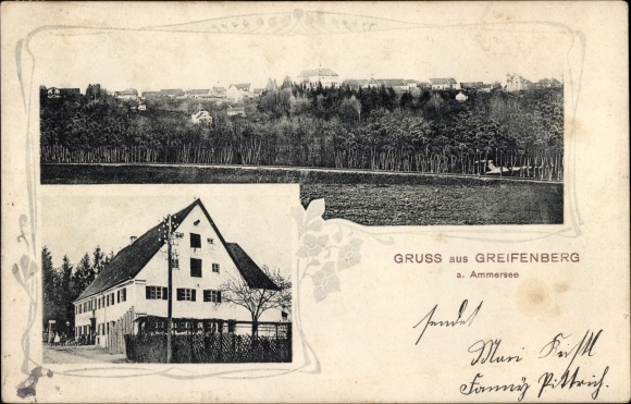 Postcard Greifenberg in Upper Bavaria, view of the town, inn