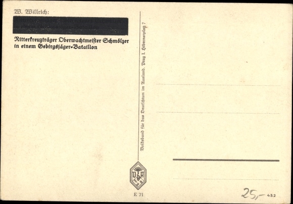 Artist PC Willrich, Wolfgang, Knight&#39;s Cross bearer Oberwachtmeister Schmölzer, VDA E 71