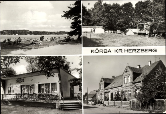 Postcard Körba Lebusa in Brandenburg, campsite, restaurant Seeblick, consumer point of sale, Körbaer See