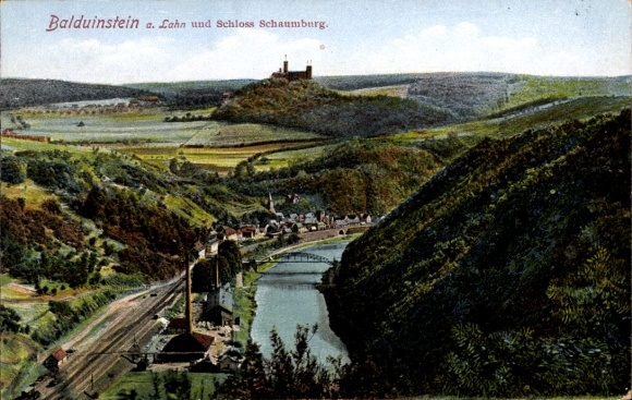 Postcard Balduinstein on the Lahn, Schaumburg Castle, bridge, tracks