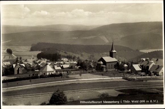 Postcard Masserberg in the Thuringian Slate Mountains, total view of the village, church