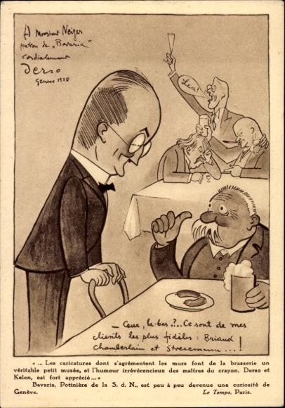 Postcard Geneva City Switzerland, Bavaria Geneve, League of Nations pub, waiter, guests at the table