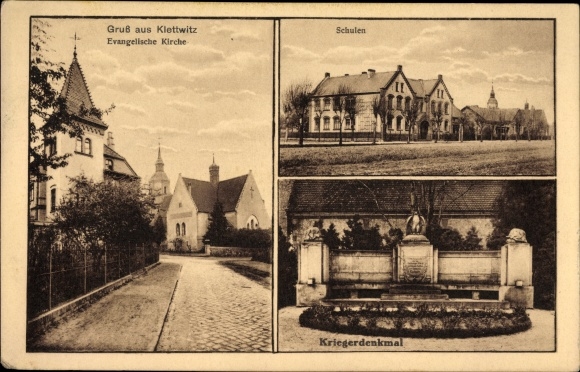 Postcard Klettwitz Schipkau Oberspreewald Lausitz, school, evangeli. Church, War Memorial