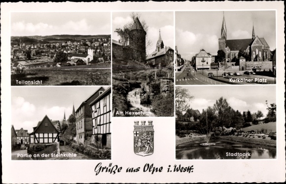 Postcard Olpe in Sauerland Westphalia, at the witch tower, Kurkölner Platz, city park, Steinkuhle