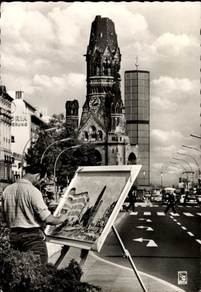 Ak Berlin Charlottenburg, Kurfürstendamm, Kaiser Wilhelm Gedächtniskirche, Maler mit Staffelei