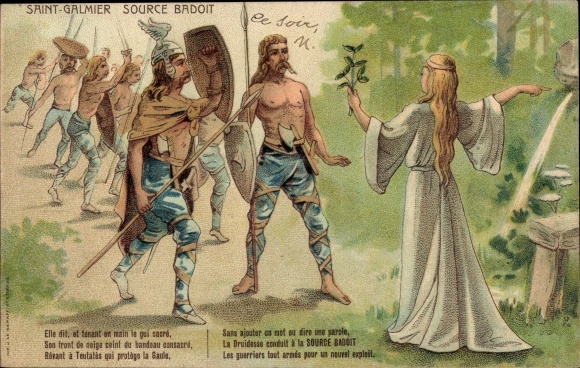 Chromo-Litho Saint Galmier Loire, Source Badoit, Reklame, the Druidess, the warriors