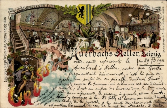 Chromo-Litho Leipzig in Saxony, Auerbach's Cellar, interior view, coat of arms