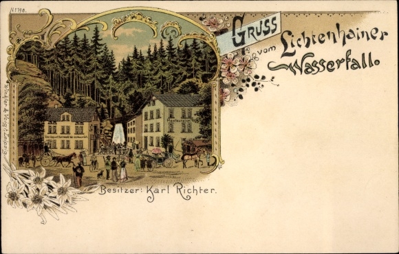 Litho Lichtenhain Sebnitz in Sachsen, Gasthaus am Lichtenhainer Wasserfall