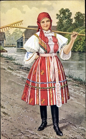 Artist Postcard Young woman in Czechoslovak folk costume
