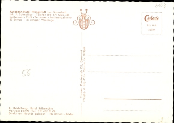 Postcard Pfungstadt Hesse, Autobahn Hotel Pfungstadt