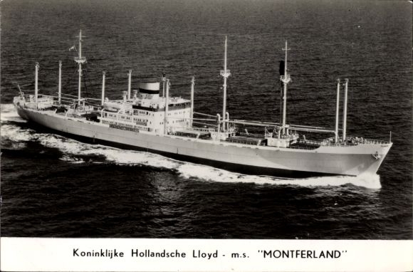 Ansichtkaart stoomboot MS Montferland, Koninklijke Nederlandse Lloyd, KHL, vrachtschip