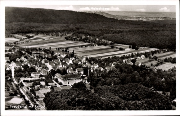 Postcard Freudental in the upper Steinbachtal district of Ludwigsburg, total view of the village with castle