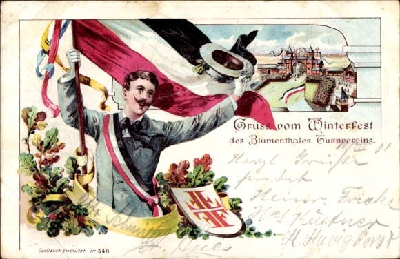 Chromo-Litho gymnast with flag, Jahn cross, winter festival of the Blumenthal gymnastics club, Bremen