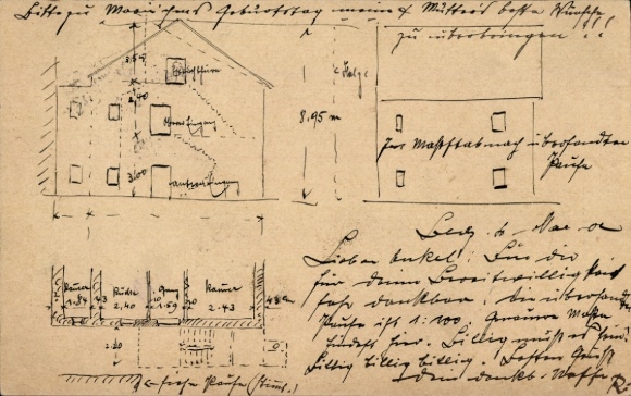 Handgemalt Ak Blunzendorf Znaim, Bludenz, Querschnit eines Hauses, Grundriss