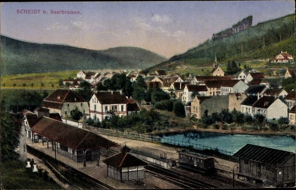 Ak Scheidt Saarbrücken im Saarland, Bahnhof, Panorama vom Ort