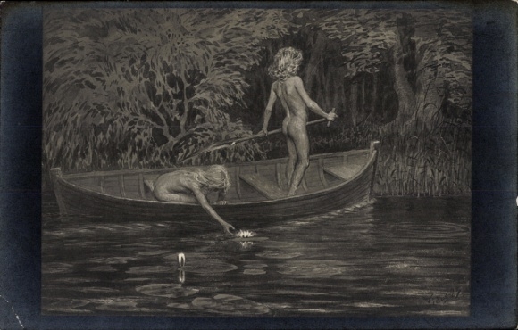 Art Nouveau artist Postcard Fidus, water lilies, nature children, boat no. 50