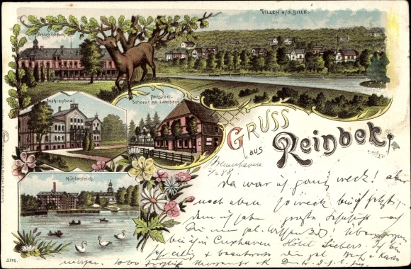Chromo-Litho Reinbek in Schleswig Holstein, castle, Sophienbad, Pension Scherer, country house, mill pond