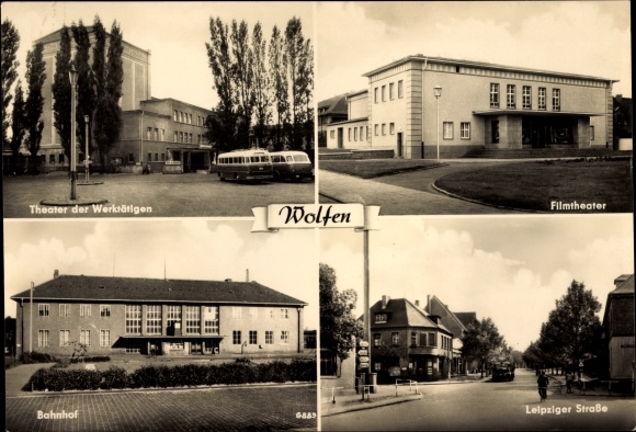 Ak Wolfen in Saksen-Anhalt, theater van de arbeiders, bioscoop, treinstation, Leipziger Strasse