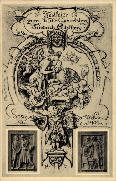 Ak Dresden Loschwitz, Festfeier, 150. Geburtstag Friedrich Schiller, diverse Figuren und Elemente