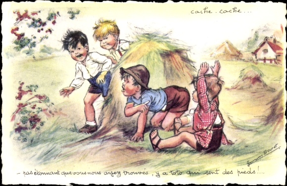 Artist Postcard Bouret, Children, Hide and Seek, Found Boy, Straw