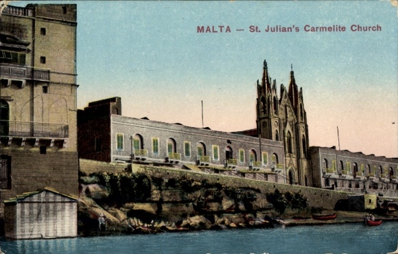 Postcard Sliema Malta, St. Julian's Carmelite Church, waterfront, Maltese architecture