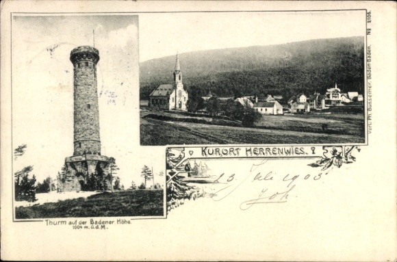 Ak Herrenwies Forbach im Schwarzwald Baden, Gesamtansicht, Turm auf dem Badener Höhe
