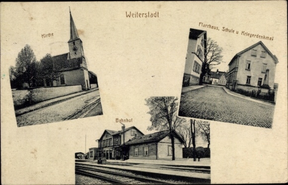 Postcard Weiterstadt in Hesse, train station, track side, church, rectory, school, war memorial