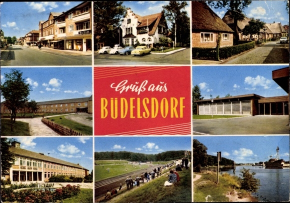 Ak Büdelsdorf in Schleswig Holstein, Straßenansichten, Sportplatz, Kanalpartie, Ortsansichten