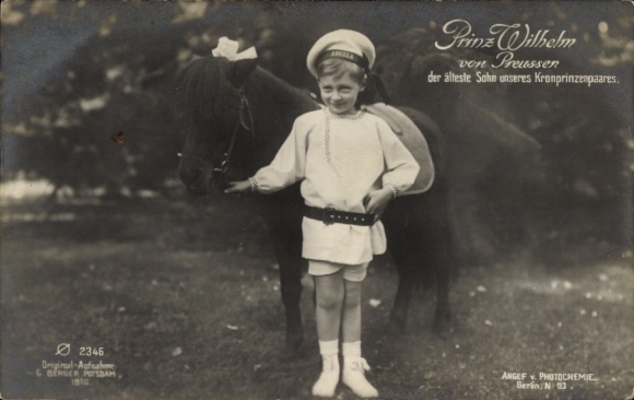 Postcard Prince Wilhelm of Prussia, portrait with pony
