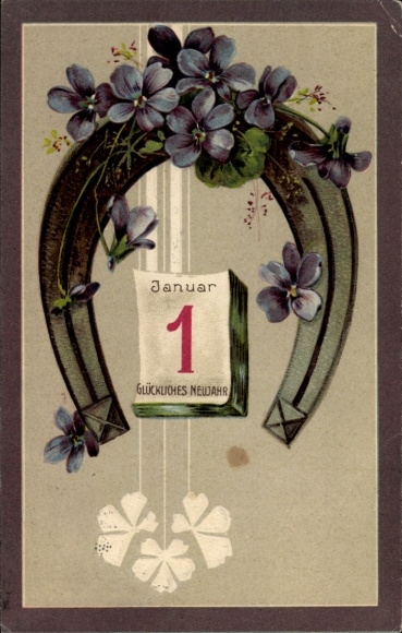 Embossed PC Happy New Year, horseshoe, calendar, violet